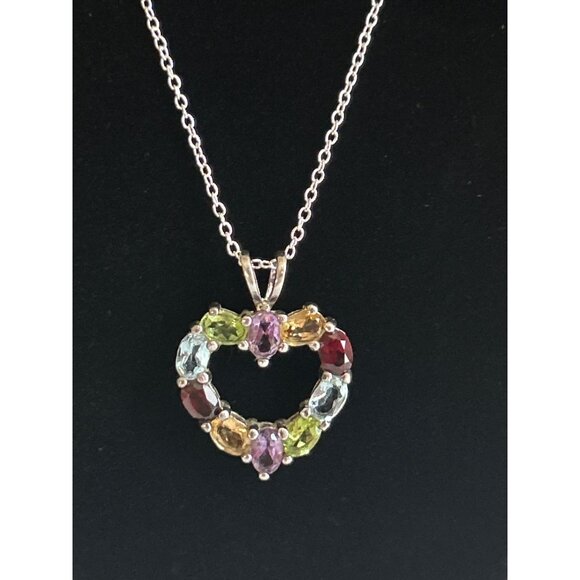 Sterling Silver Heart Pendant Necklace With Multi-Gemstones & 18" Chain - Picture 2 of 5